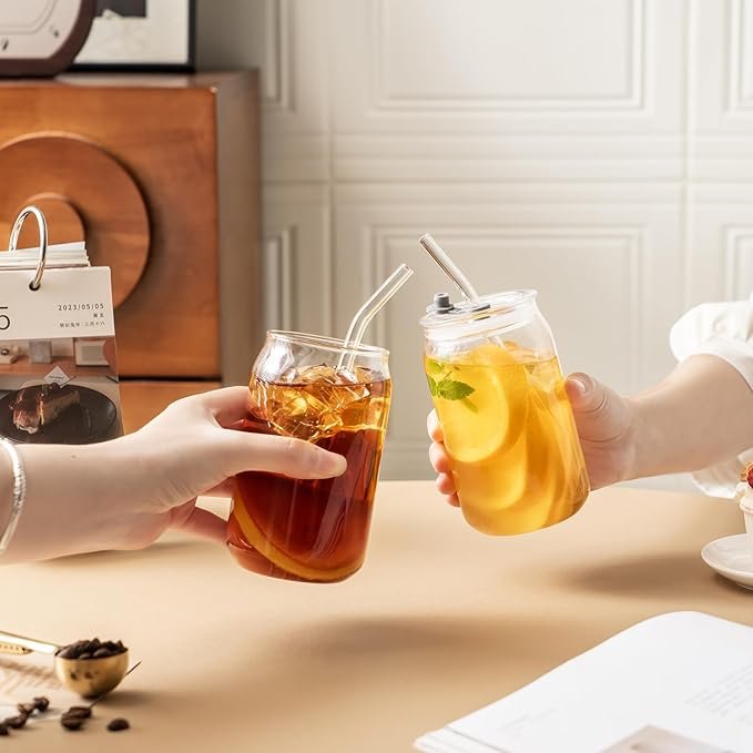 AINFAME Leakproof Glass Cups with Plastic Lids and Straws thumbnail