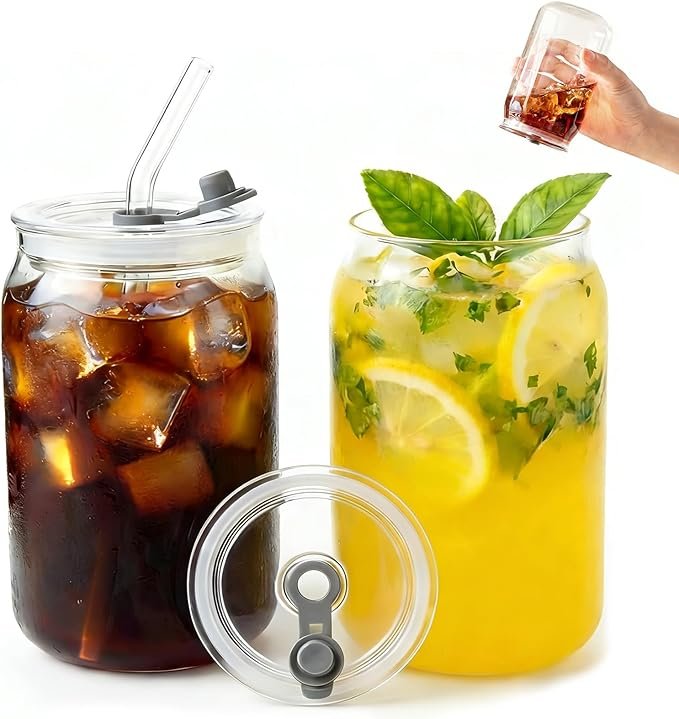 AINFAME Leakproof Glass Cups with Plastic Lids and Straws thumbnail