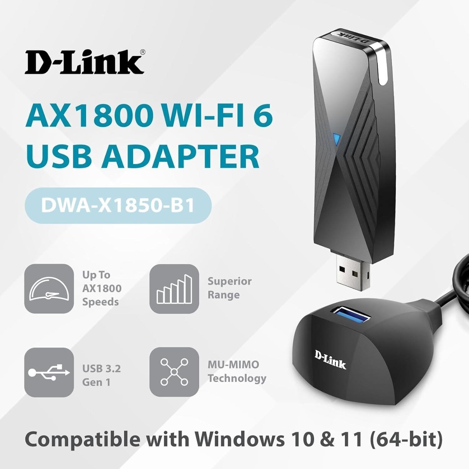 D-Link USB WiFi 6 Adapter AX1800 USB 3.0 Dual Band Long Range thumbnail