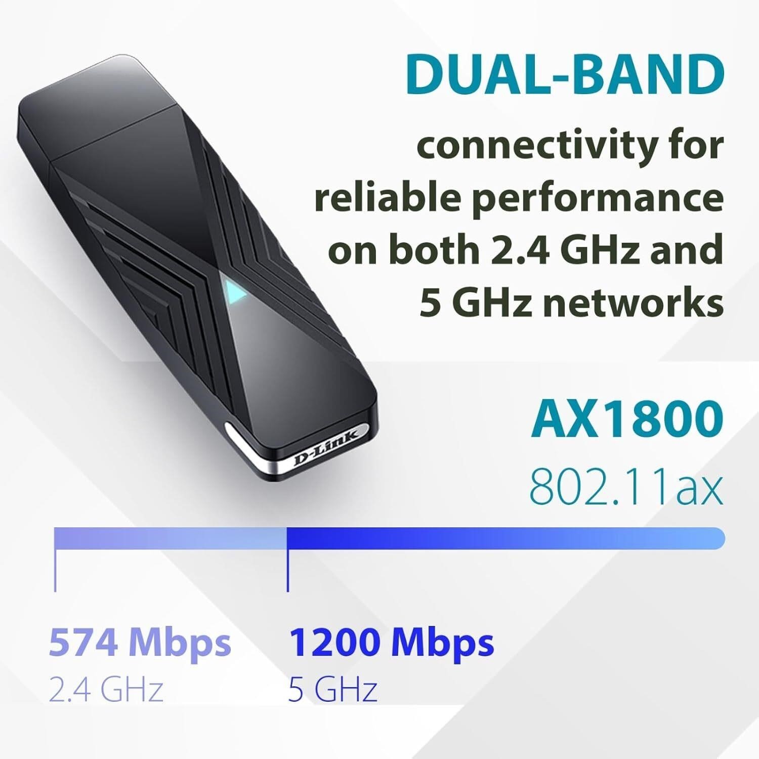 D-Link USB WiFi 6 Adapter AX1800 USB 3.0 Dual Band Long Range thumbnail