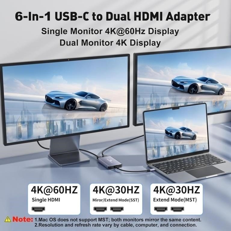 USB C to Dual HDMI Adapter, 6 in 1 Docking Station thumbnail