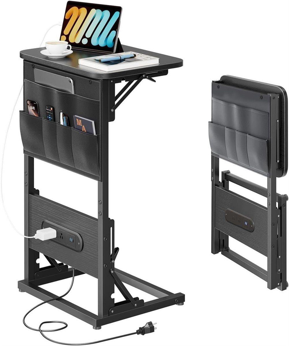 C-Shaped End Table with Charging Station & Storage Bag