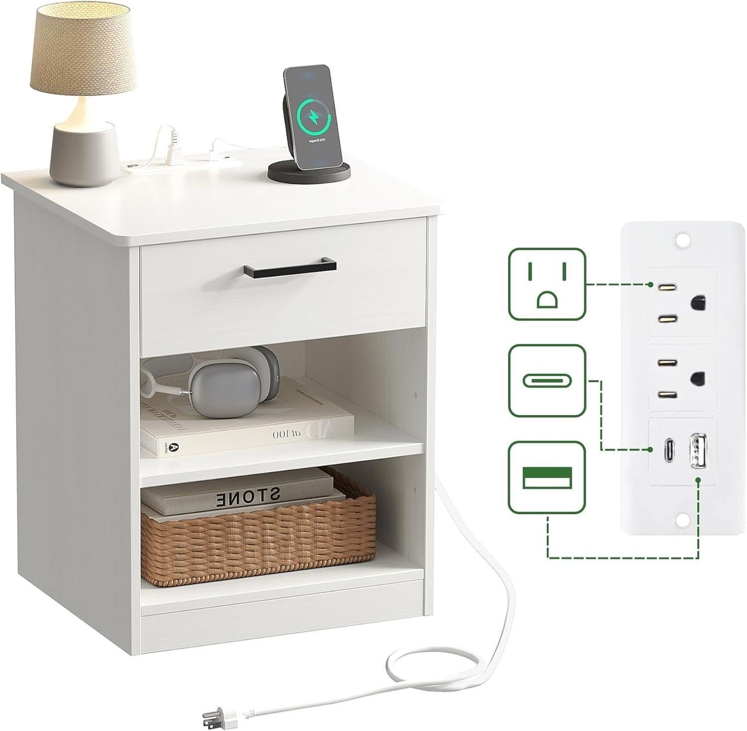 White Nightstand with Charging Station